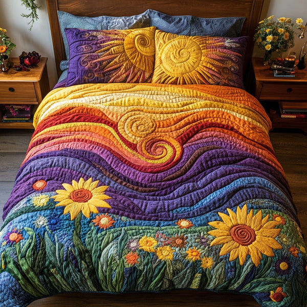 Joyful Swirls quilted 3-piece bedding set on a made bed with two matching pillow shams