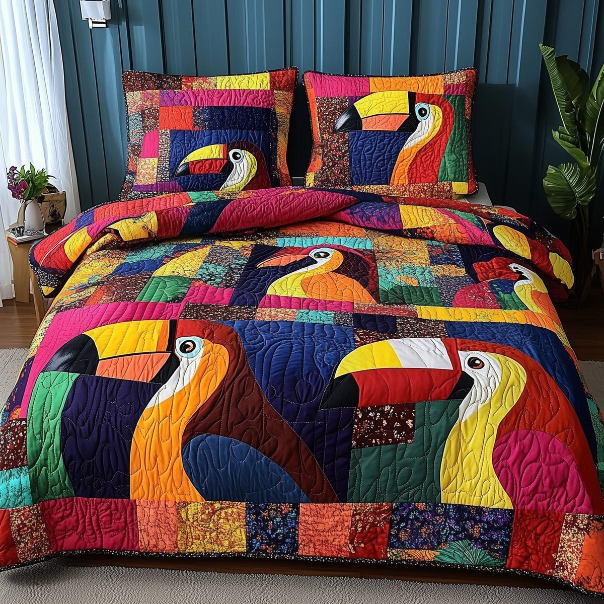Joyful Toucan quilted 3-piece bedding set on a made bed with two matching pillow shams