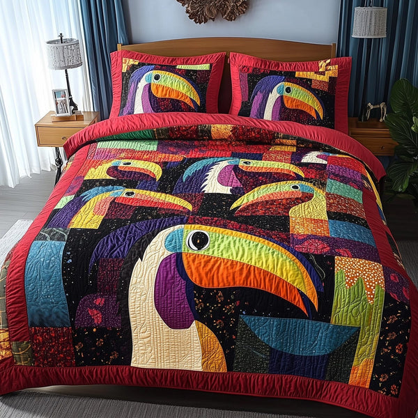 Joyful Toucans quilted 3-piece bedding set on a made bed with two matching pillow shams