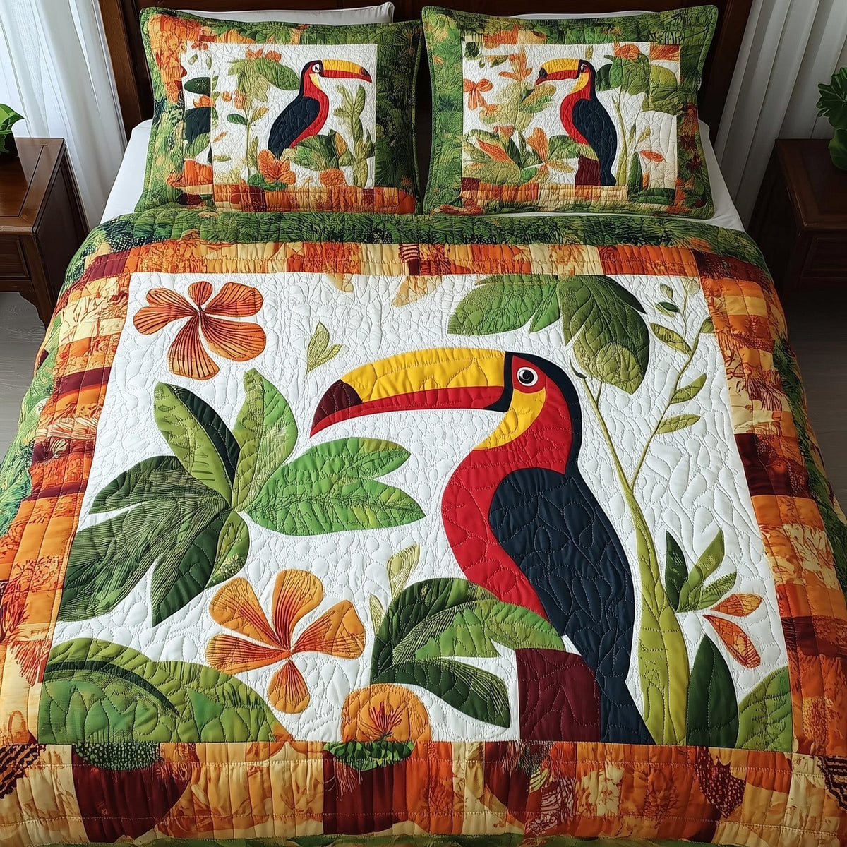Joyful Toucans quilted 3-piece bedding set on a made bed with two matching pillow shams