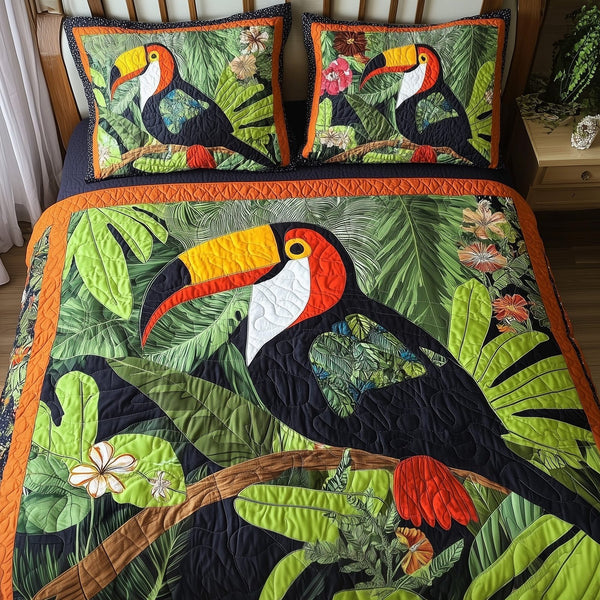 Joyful Toucans quilted 3-piece bedding set on a made bed with two matching pillow shams