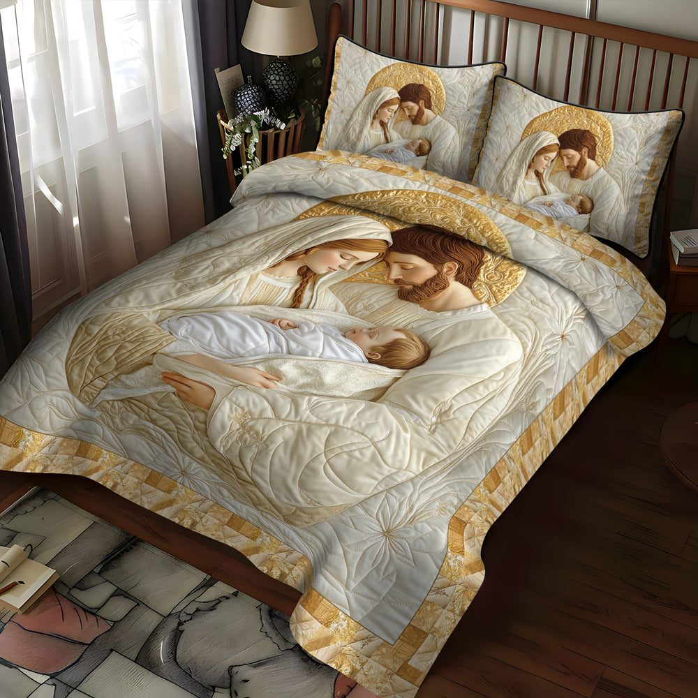 Joyous Nativity Scene quilted 3-piece bedding set on a made bed in a winter-styled bedroom