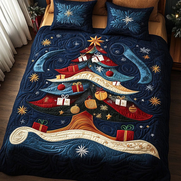Joyous Pines quilted 3-piece bedding set on a made bed with two matching pillow shams