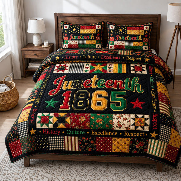 Juneteenth 1865 quilted 3-piece bedding set on a made bed in a warmly lit bedroom