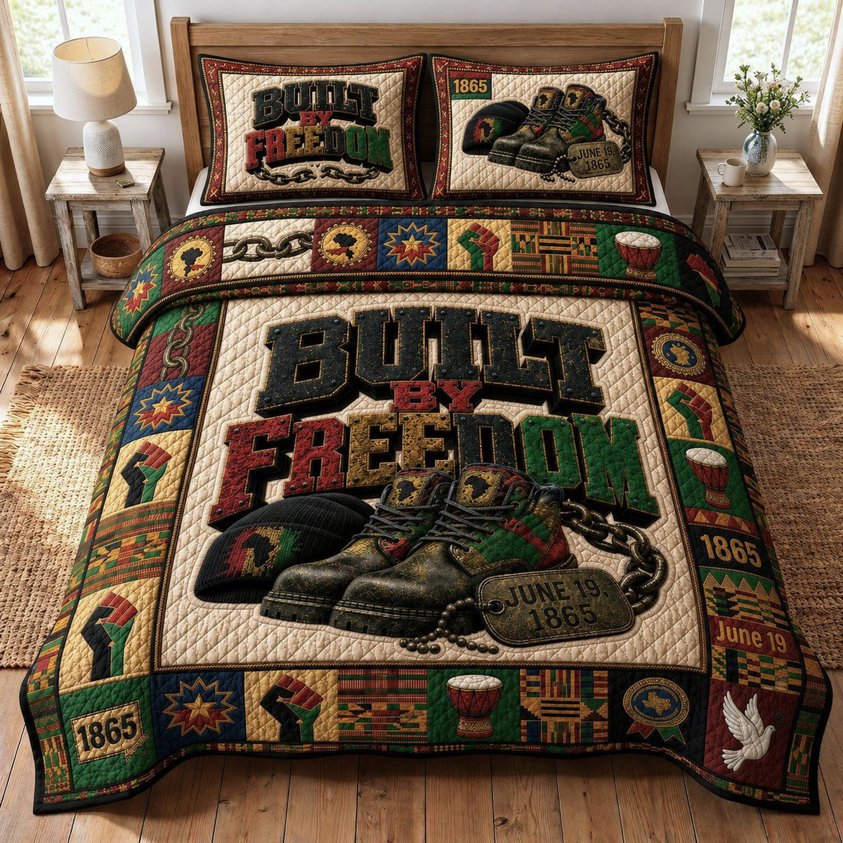 Juneteenth Built By Freedom quilted 3-piece bedding set on a made bed in a warmly lit bedroom