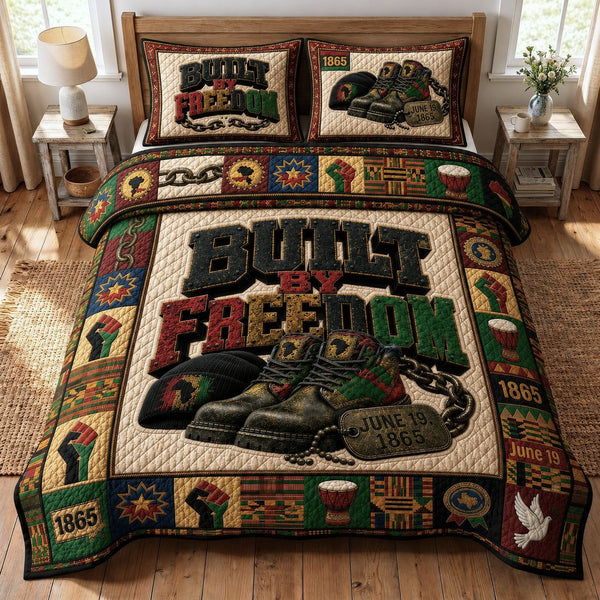 Juneteenth Built By Freedom quilted 3-piece bedding set on a made bed in a warmly lit bedroom