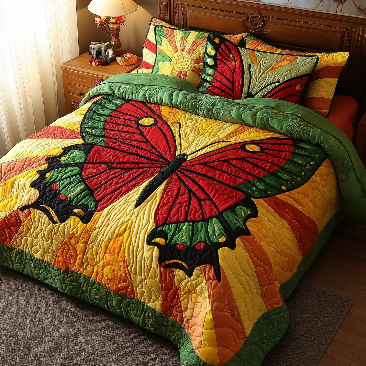 Juneteenth Butterfly quilted 3-piece bedding set on a made bed in a warmly lit bedroom