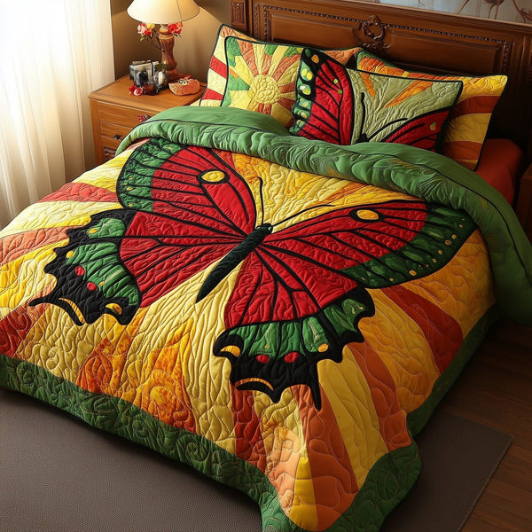 Juneteenth Butterfly quilted 3-piece bedding set on a made bed in a warmly lit bedroom