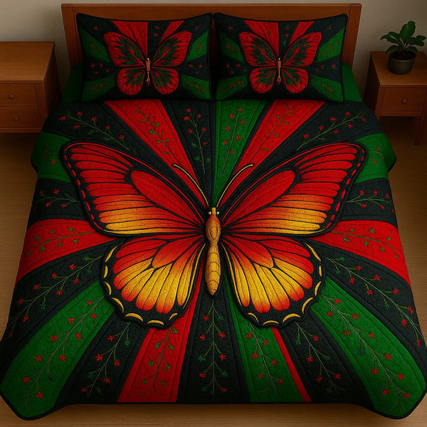 Juneteenth Butterfly quilted 3-piece bedding set on a made bed in a warmly lit bedroom