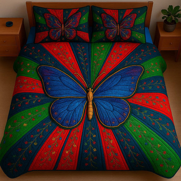 Juneteenth Butterfly quilted 3-piece bedding set on a made bed in a warmly lit bedroom