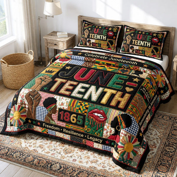 Juneteenth Culture quilted 3-piece bedding set on a made bed in a warmly lit bedroom
