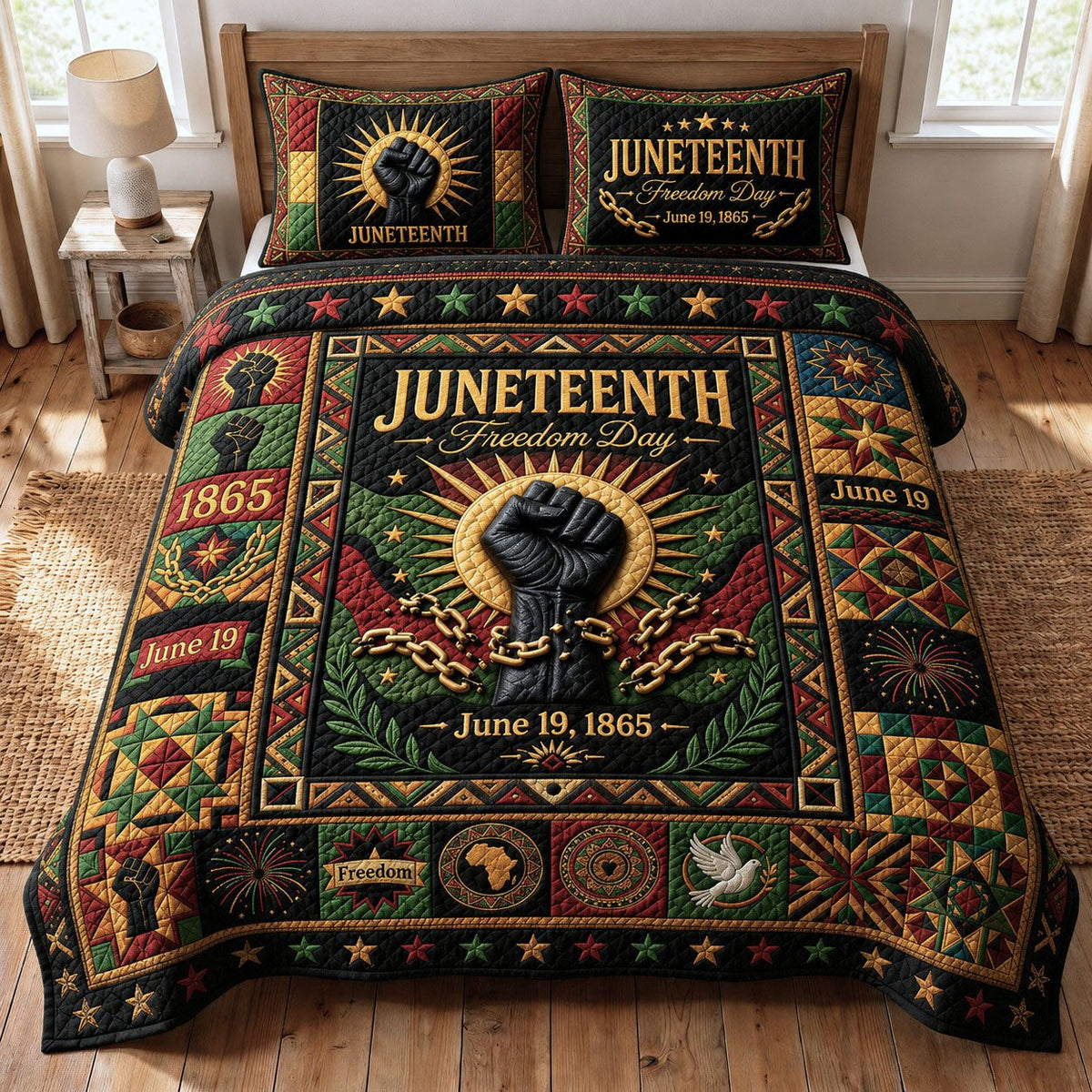 Juneteenth Freedom Day quilted 3-piece bedding set on a made bed in a warmly lit bedroom
