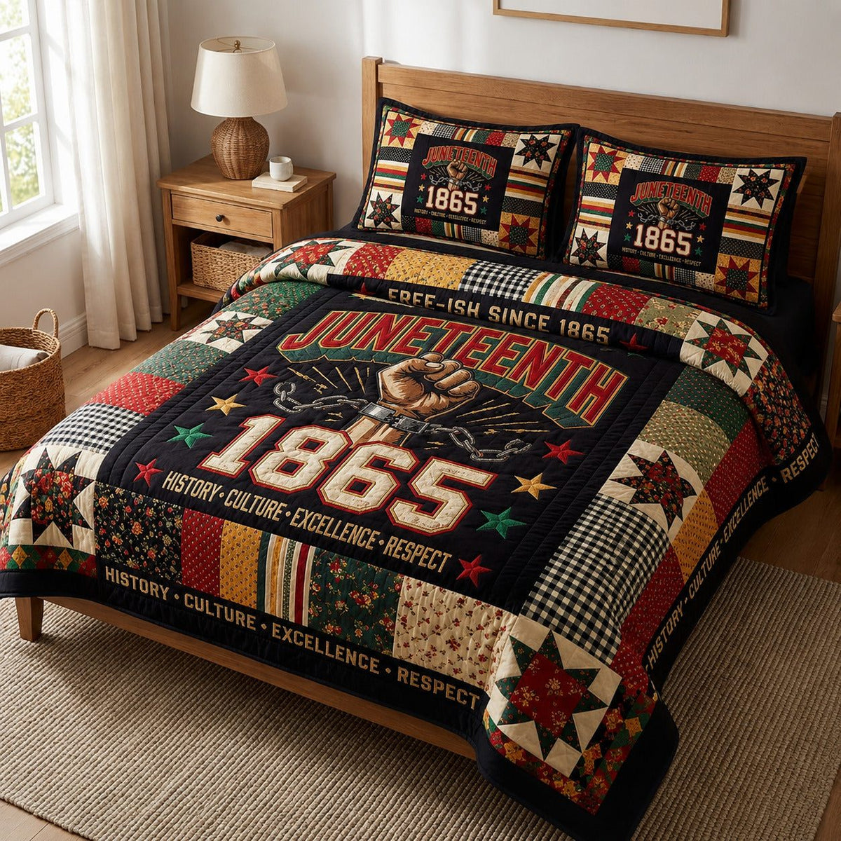 Juneteenth Freeish quilted 3-piece bedding set on a made bed in a warmly lit bedroom