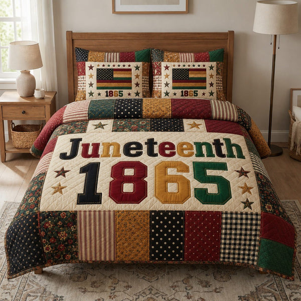 Juneteenth Heritage quilted 3-piece bedding set on a made bed in a warmly lit bedroom