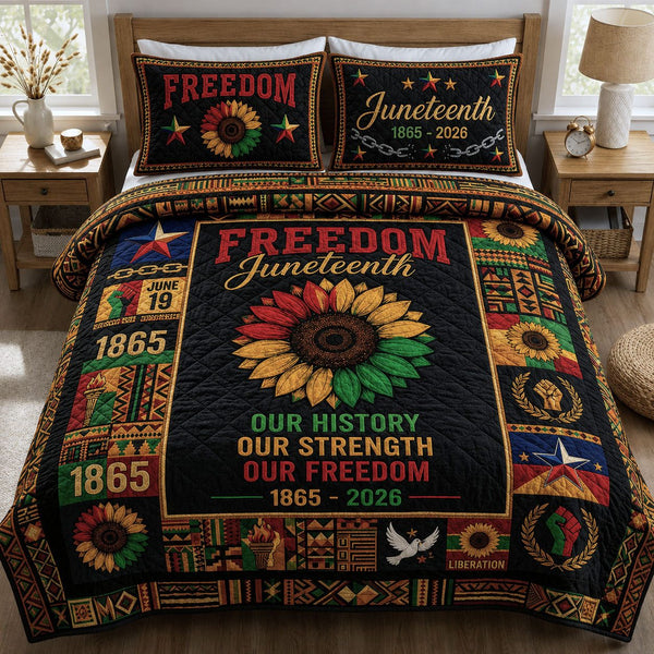 Juneteenth History Strength Freedom quilted 3-piece bedding set on a made bed in a warmly lit bedroom