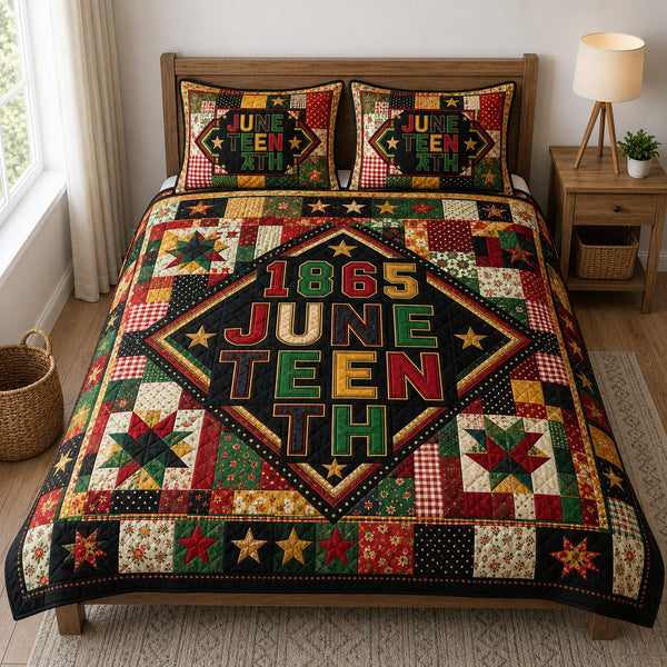 Juneteenth Honor quilted 3-piece bedding set on a made bed in a warmly lit bedroom