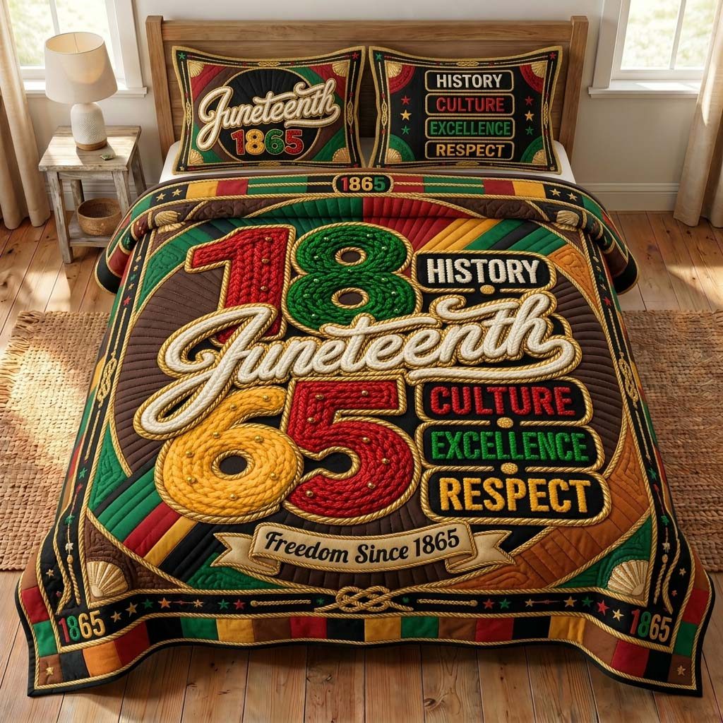 Juneteenth Pride quilted 3-piece bedding set on a made bed in a warmly lit bedroom