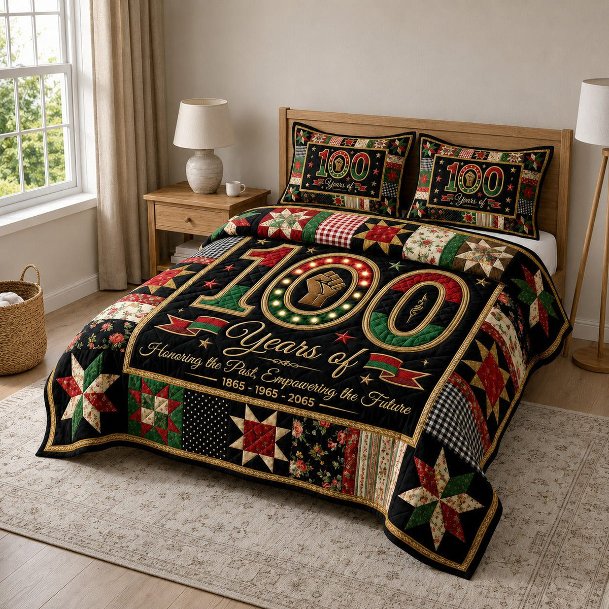 Juneteenth Pride quilted 3-piece bedding set on a made bed in a warmly lit bedroom