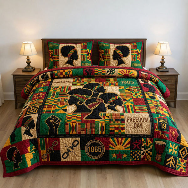Juneteenth Queens quilted 3-piece bedding set on a made bed in a warmly lit bedroom