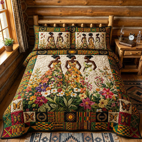 Juneteenth Queens With Flowers quilted 3-piece bedding set on a made bed in a warmly lit bedroom