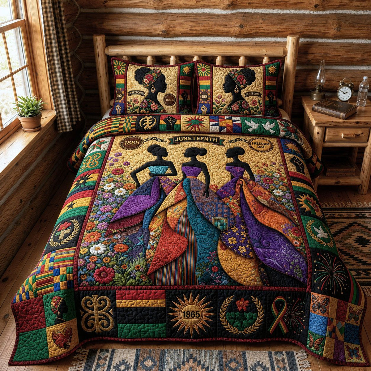 Juneteenth Queens With Flowers quilted 3-piece bedding set on a made bed in a warmly lit bedroom