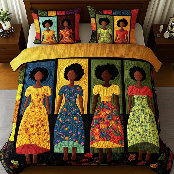 Juneteenth quilted 3-piece bedding set on a made bed in a warmly lit bedroom