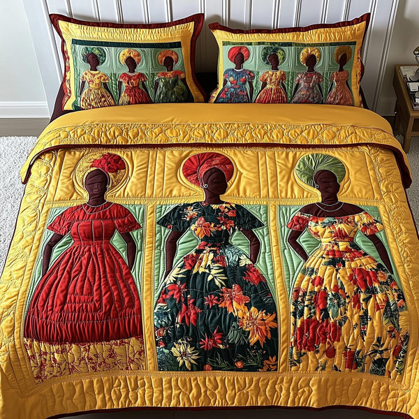 Juneteenth quilted 3-piece bedding set on a made bed in a warmly lit bedroom