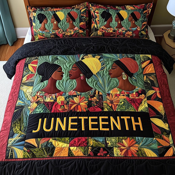 Juneteenth quilted 3-piece bedding set on a made bed in a warmly lit bedroom