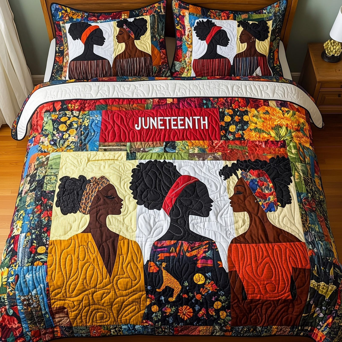 Juneteenth quilted 3-piece bedding set on a made bed in a warmly lit bedroom