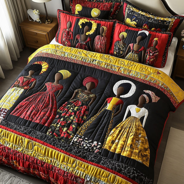 Juneteenth quilted 3-piece bedding set on a made bed in a warmly lit bedroom