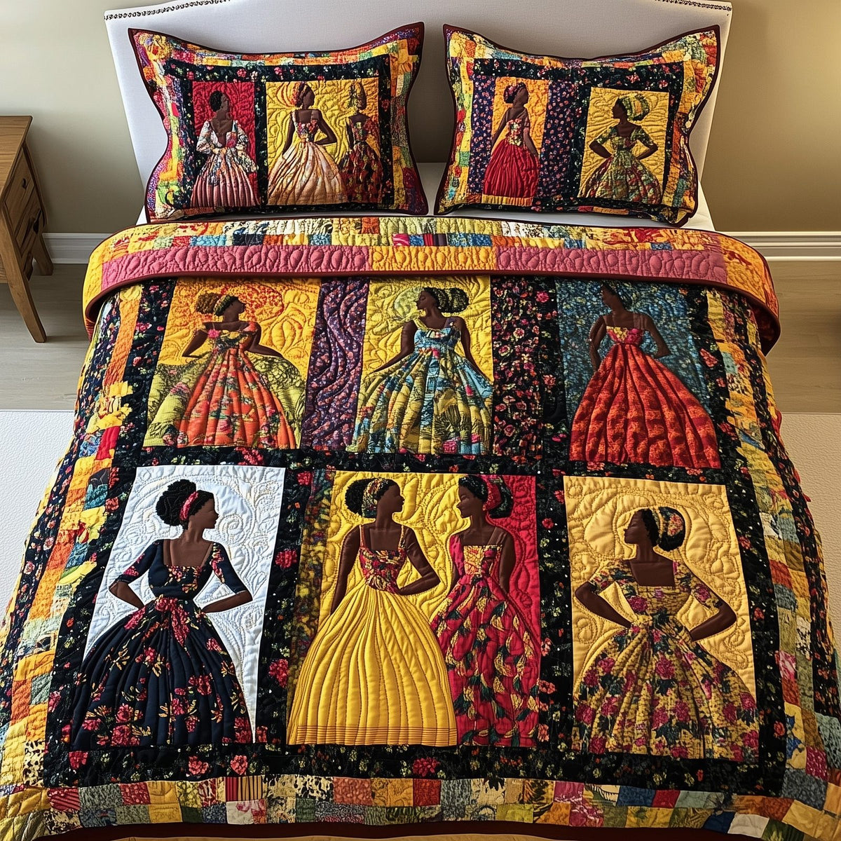 Juneteenth quilted 3-piece bedding set on a made bed in a warmly lit bedroom