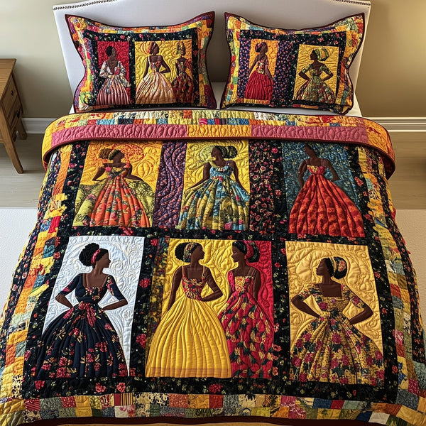 Juneteenth quilted 3-piece bedding set on a made bed in a warmly lit bedroom