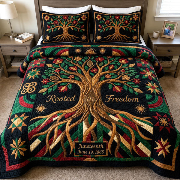 Juneteenth Soul quilted 3-piece bedding set on a made bed in a warmly lit bedroom