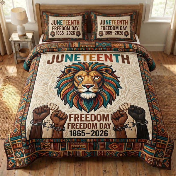 Juneteenth Soul quilted 3-piece bedding set on a made bed in a warmly lit bedroom
