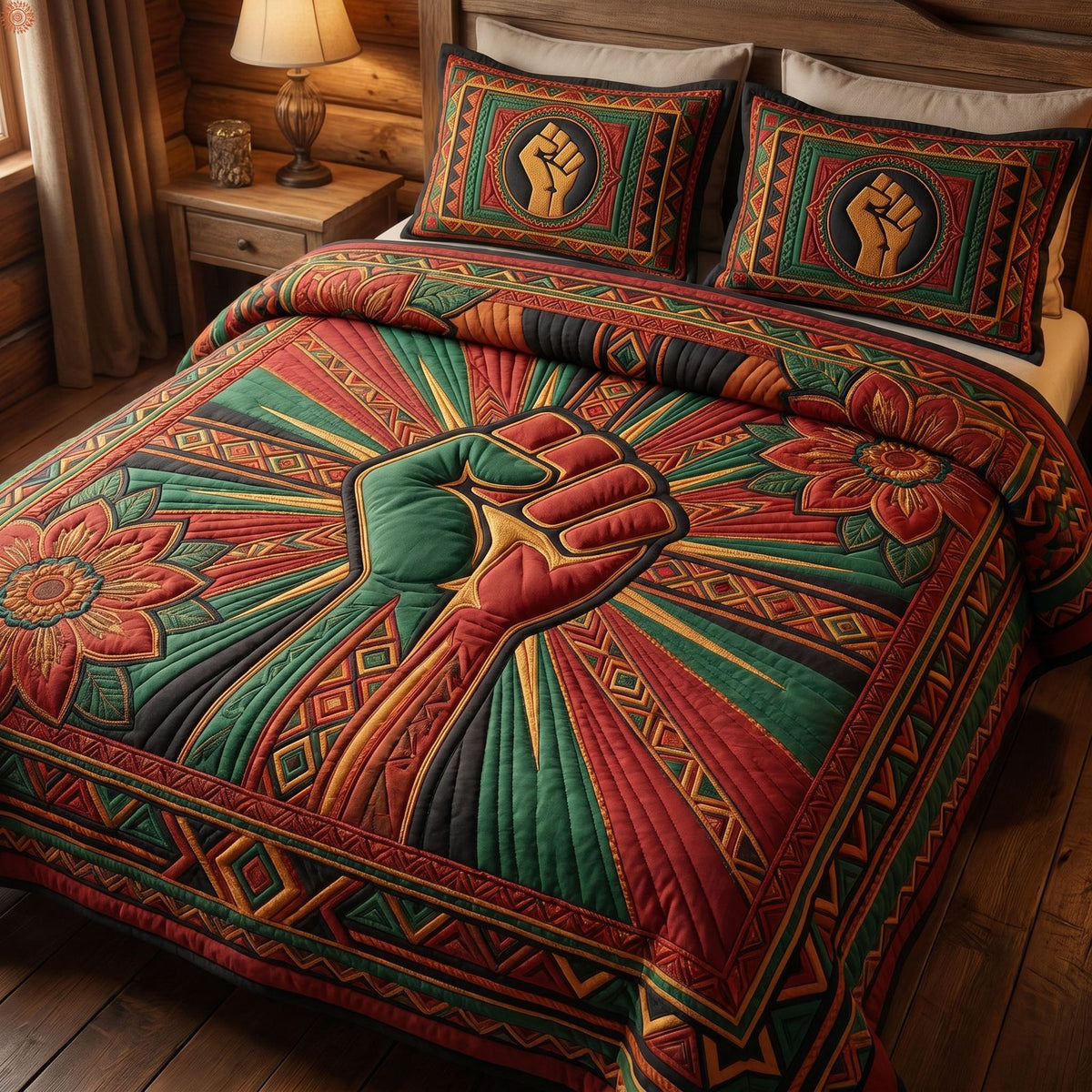 Juneteenth Soul quilted 3-piece bedding set on a made bed in a warmly lit bedroom