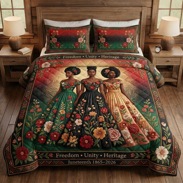 Juneteenth Soul quilted 3-piece bedding set on a made bed in a warmly lit bedroom
