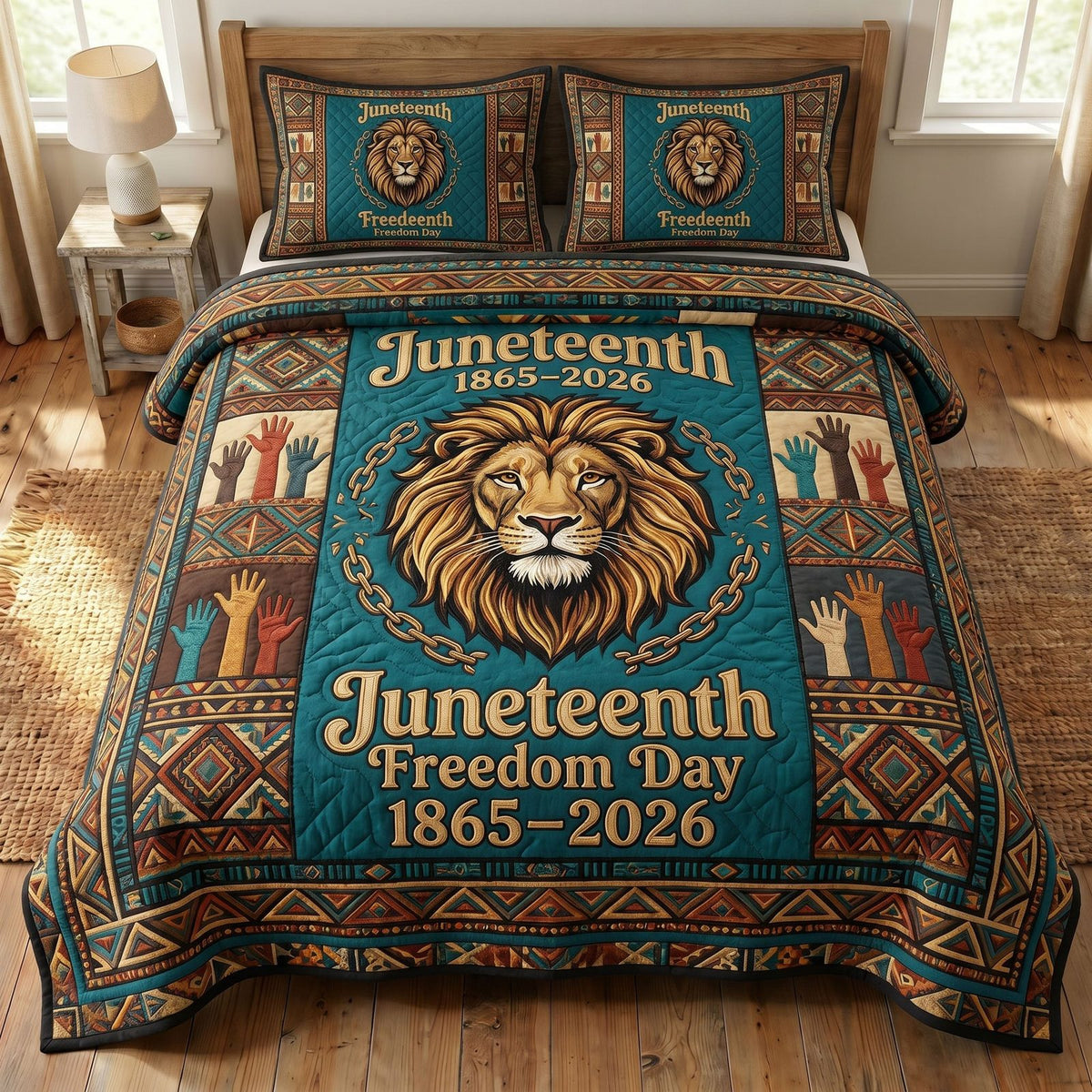Juneteenth Soul quilted 3-piece bedding set on a made bed in a warmly lit bedroom
