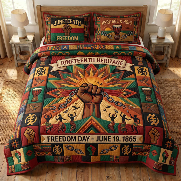 Juneteenth Soul quilted 3-piece bedding set on a made bed in a warmly lit bedroom