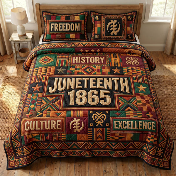 Juneteenth Soul quilted 3-piece bedding set on a made bed in a warmly lit bedroom