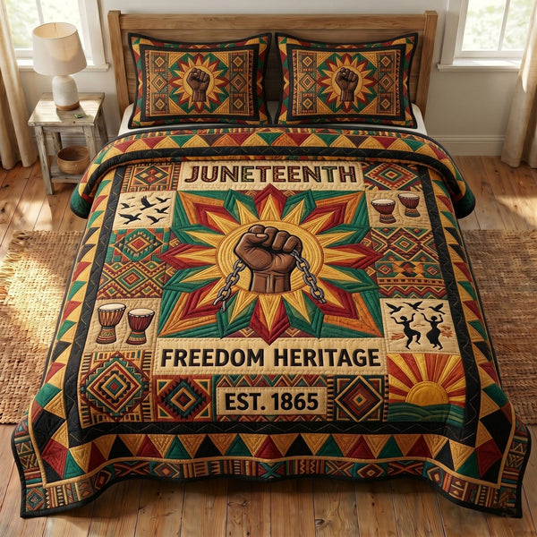 Juneteenth Soul quilted 3-piece bedding set on a made bed in a warmly lit bedroom