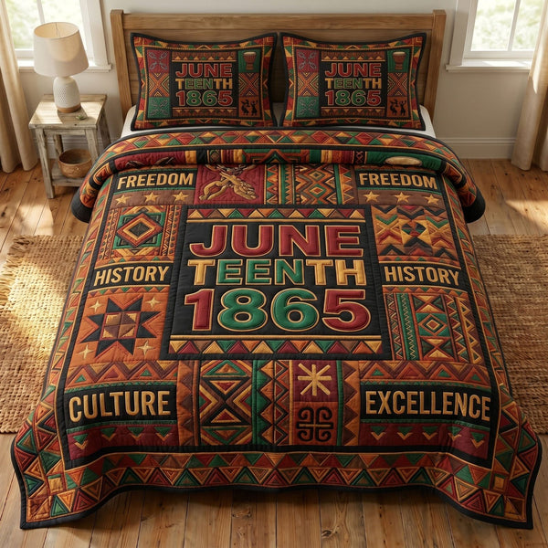 Juneteenth Soul quilted 3-piece bedding set on a made bed in a warmly lit bedroom
