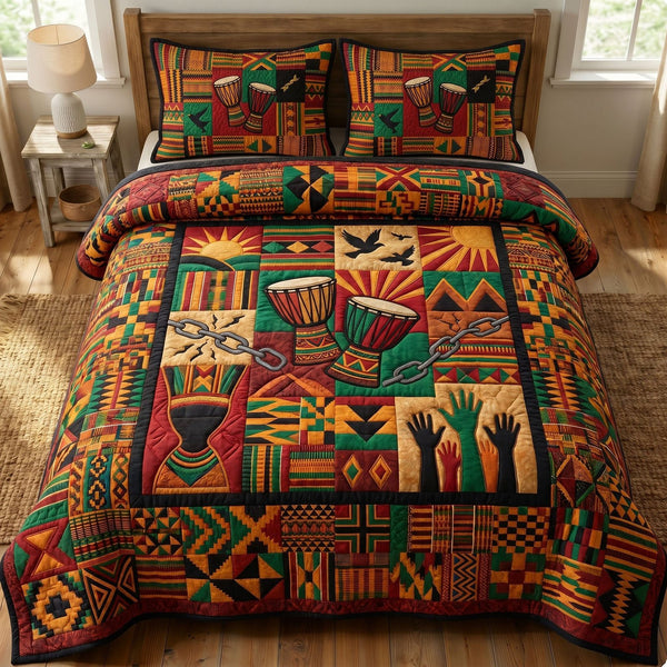 Juneteenth Soul quilted 3-piece bedding set on a made bed in a warmly lit bedroom