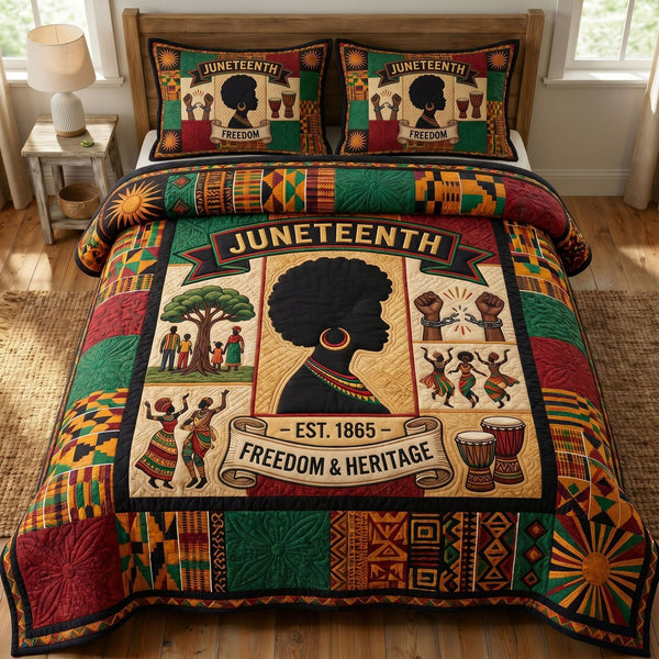 Juneteenth Soul quilted 3-piece bedding set on a made bed in a warmly lit bedroom