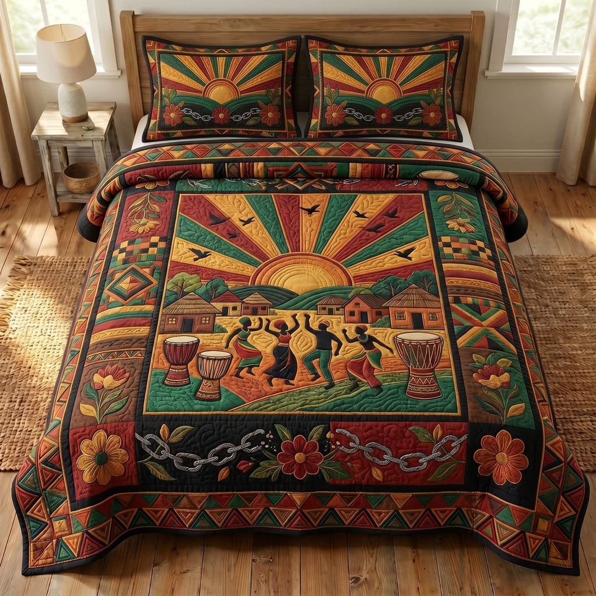 Juneteenth Soul quilted 3-piece bedding set on a made bed in a warmly lit bedroom