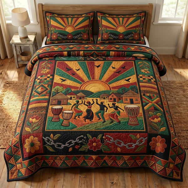 Juneteenth Soul quilted 3-piece bedding set on a made bed in a warmly lit bedroom