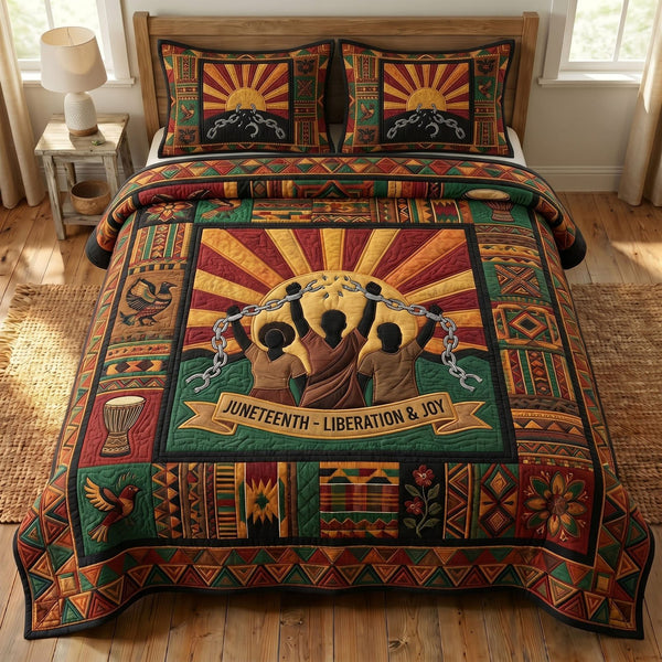 Juneteenth Soul quilted 3-piece bedding set on a made bed in a warmly lit bedroom
