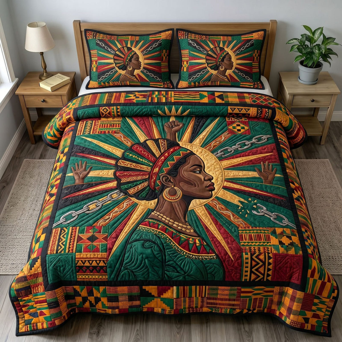 Juneteenth Soul quilted 3-piece bedding set on a made bed in a warmly lit bedroom