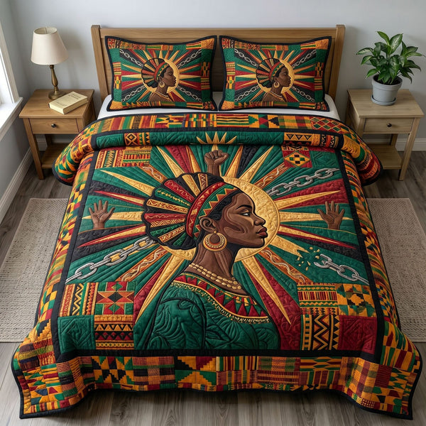 Juneteenth Soul quilted 3-piece bedding set on a made bed in a warmly lit bedroom