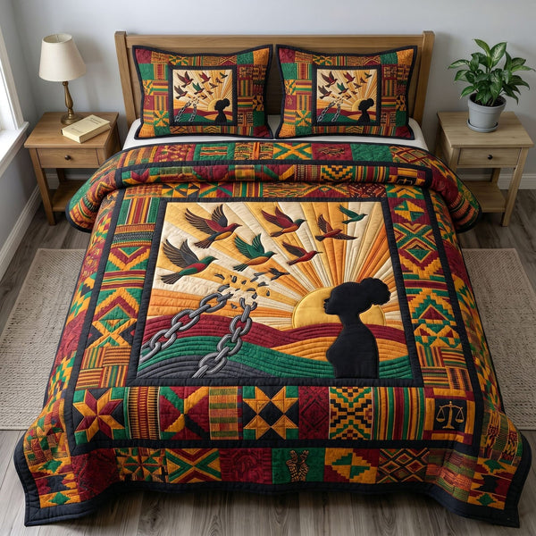 Juneteenth Soul quilted 3-piece bedding set on a made bed in a warmly lit bedroom