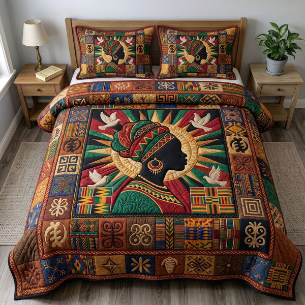 Juneteenth Soul quilted 3-piece bedding set on a made bed in a warmly lit bedroom